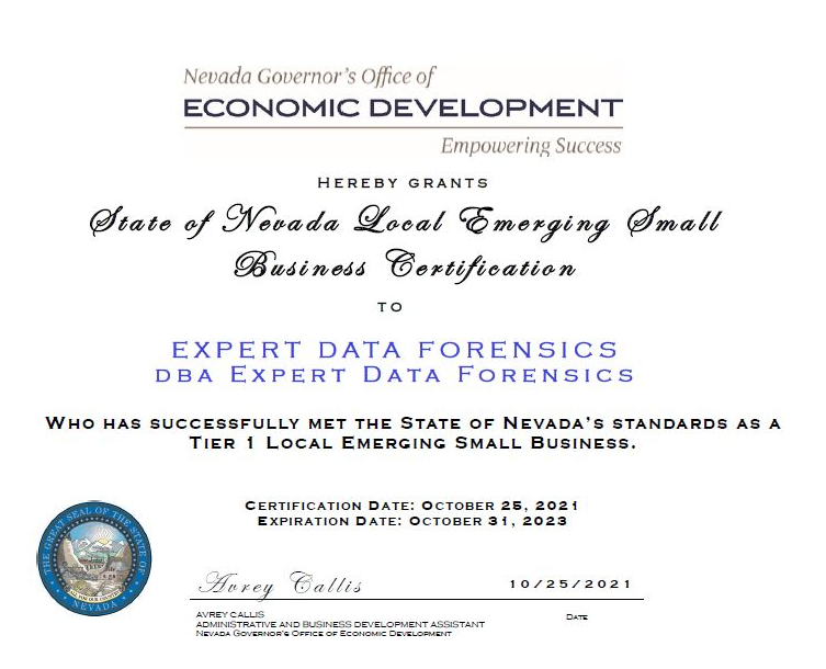 Expert Data Forensics Governor's Award